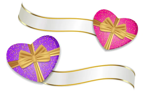 Lila és rózsaszín szív alakú doboz, szalagok és íjak. Dekoráció Valentin-nap és más ünnepek. Vektor — Stock Vector