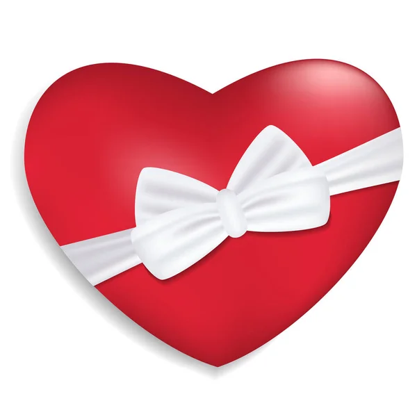 Piros szív fehér szalaggal és elszigetelt fehér background íj. Dekoráció Valentin-nap és más ünnepek. Vektor — Stock Vector