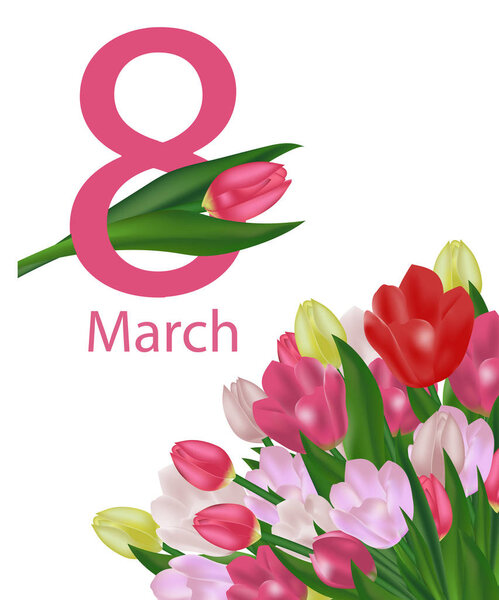 March 8 International Women's Day greeting card template with flowers. Background with tulips. Vector