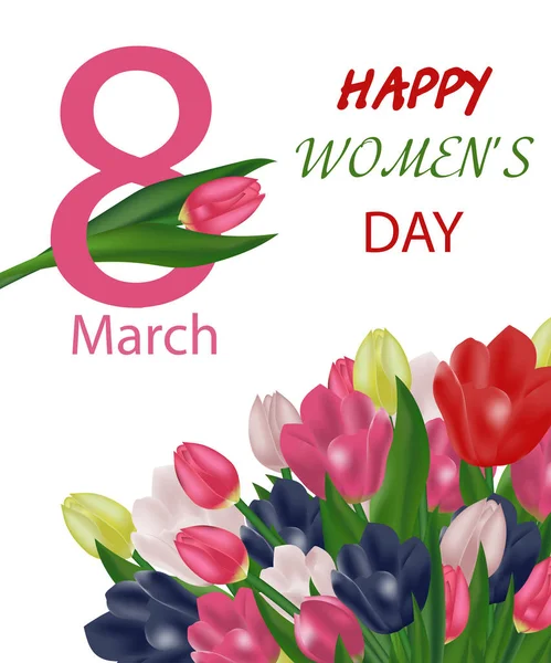 8 de marzo Día Internacional de la Mujer plantilla de tarjeta de felicitación con flores. Fondo con tulipanes. Vector — Vector de stock