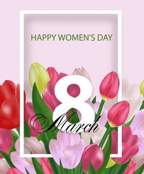 Plantilla de tarjeta de felicitación con flores 8 de marzo Día Internacional de la Mujer. Fondo con tulipanes. Vector — Vector de stock