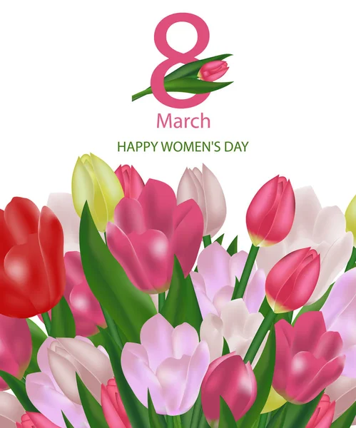 8 de marzo Día Internacional de la Mujer plantilla de tarjeta de felicitación con flores. Fondo con tulipanes. Vector — Vector de stock
