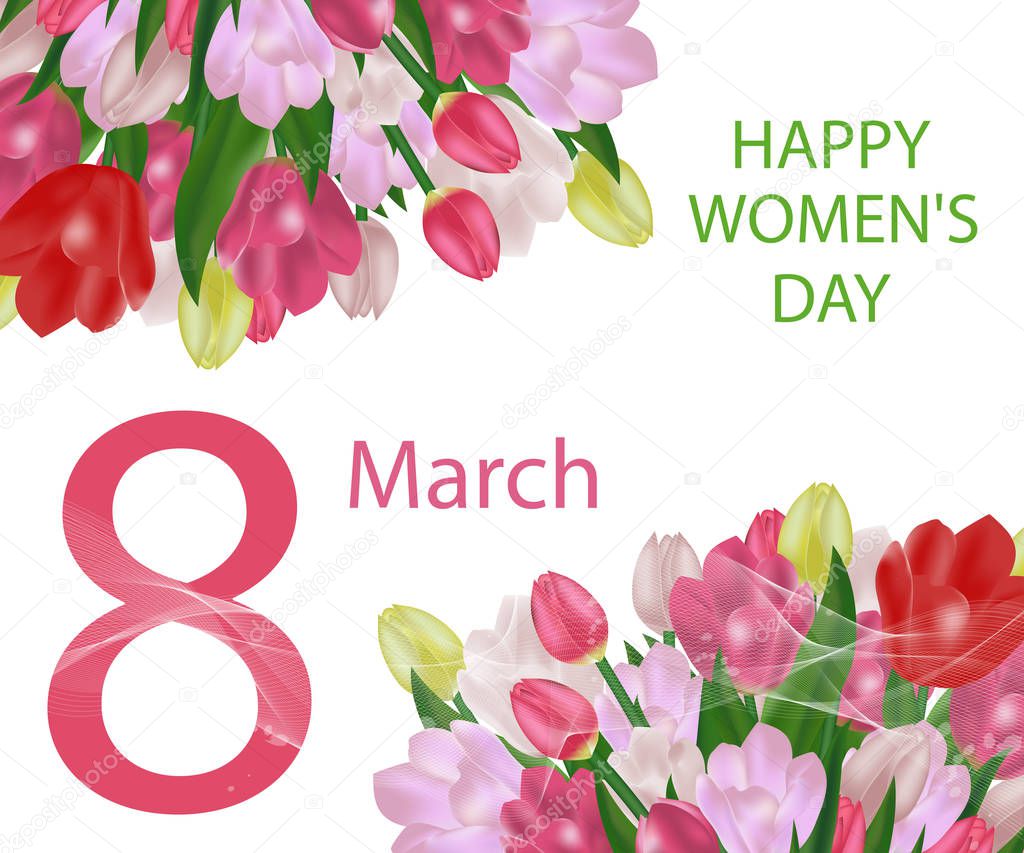 March 8 International Women's Day greeting card template with flowers. Background with tulips. Vector