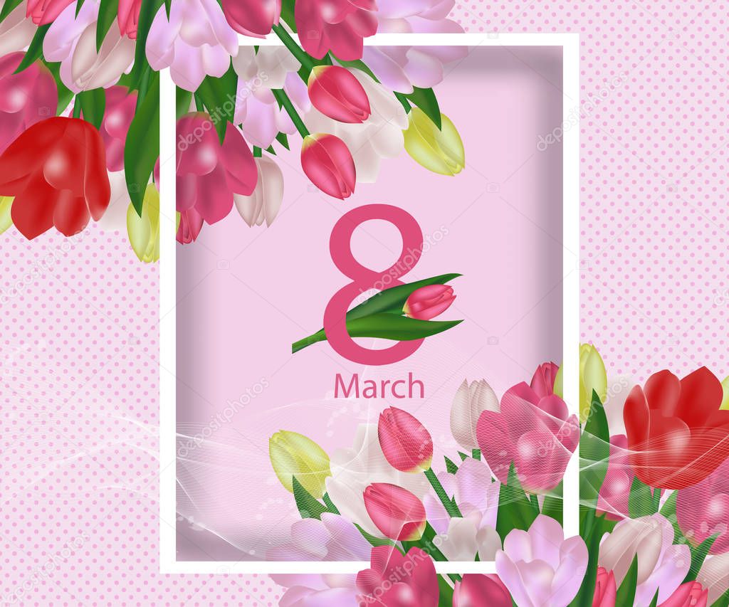 Greeting card template with flowers March 8 International Women's Day. Background with tulips. Vector