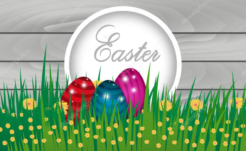 Happy Easter wooden horizontal background with eggs and grass, flowers. Vector