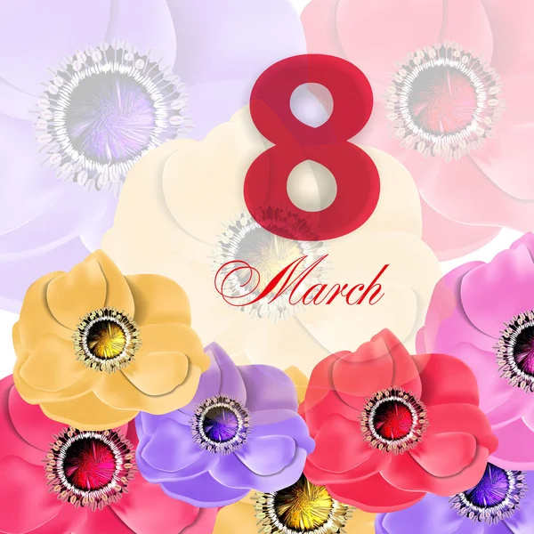 Modelo cartão de saudação Março 8 Dia Internacional da Mulher. Fundo com flores. Vetor —  Vetores de Stock