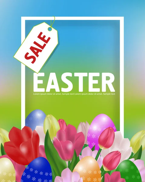 Plakat oder Banner zum Osterverkauf mit Tulpen und Ostereiern. Frühlingszeit. Vektor — Stockvektor