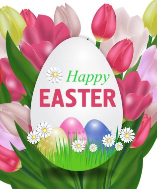 Mutlu Paskalya Paskalya yumurta bir yumurta şeklinde Lale posteri ile. Vektör 