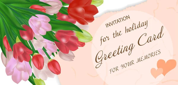 Ramo de tulipanes y un trozo de papel envejecido con espacio libre para el texto. Tarjeta de felicitación con flores. Vector — Vector de stock
