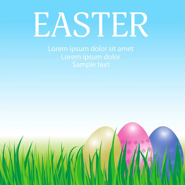 Osterhintergrund. Ostergrußkarten-Vorlage mit Eiern, Gras und Himmel. Design für die Website. Vektor — Stockvektor