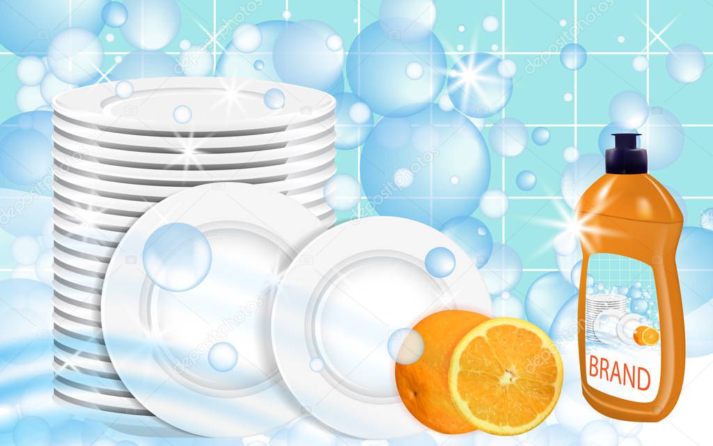 Orange Dishwashing liquid products with plates stack. Bottle label design. Dish wash advertisement poster layout. Vector