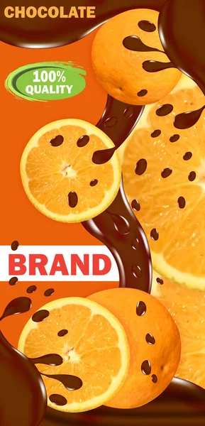 Chocolate con naranja. Plantilla de diseño elemento splash etiqueta. Vector — Archivo Imágenes Vectoriales