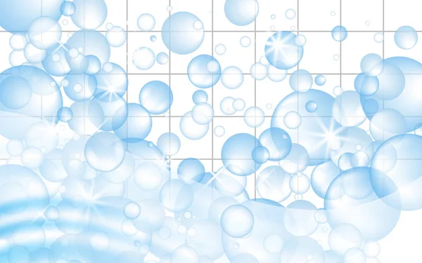 Біла мозаїчна плитка фону з мильними бульбашками плаває. Оголошення для прибиральників у ванній або кухні. Векторні — стоковий вектор