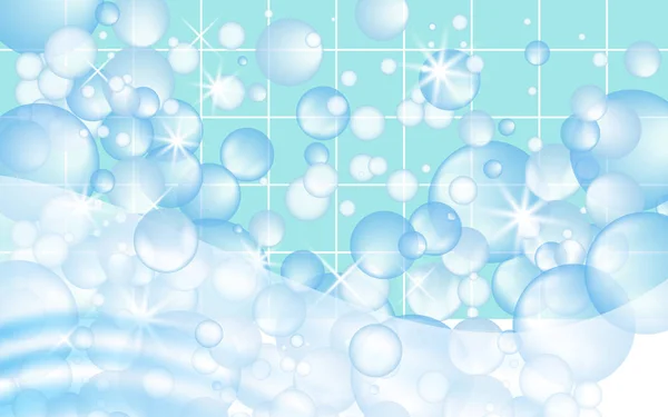 Blue mosaic tiles background with soap bubbles floating. Bathroom or kitchen cleaners ads. Vector — Stock Vector