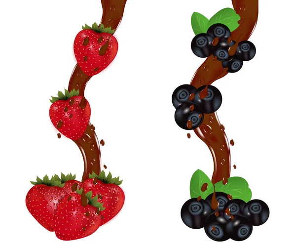 Chocolate fluido con fresa fresca madura y arándanos. Vector — Vector de stock