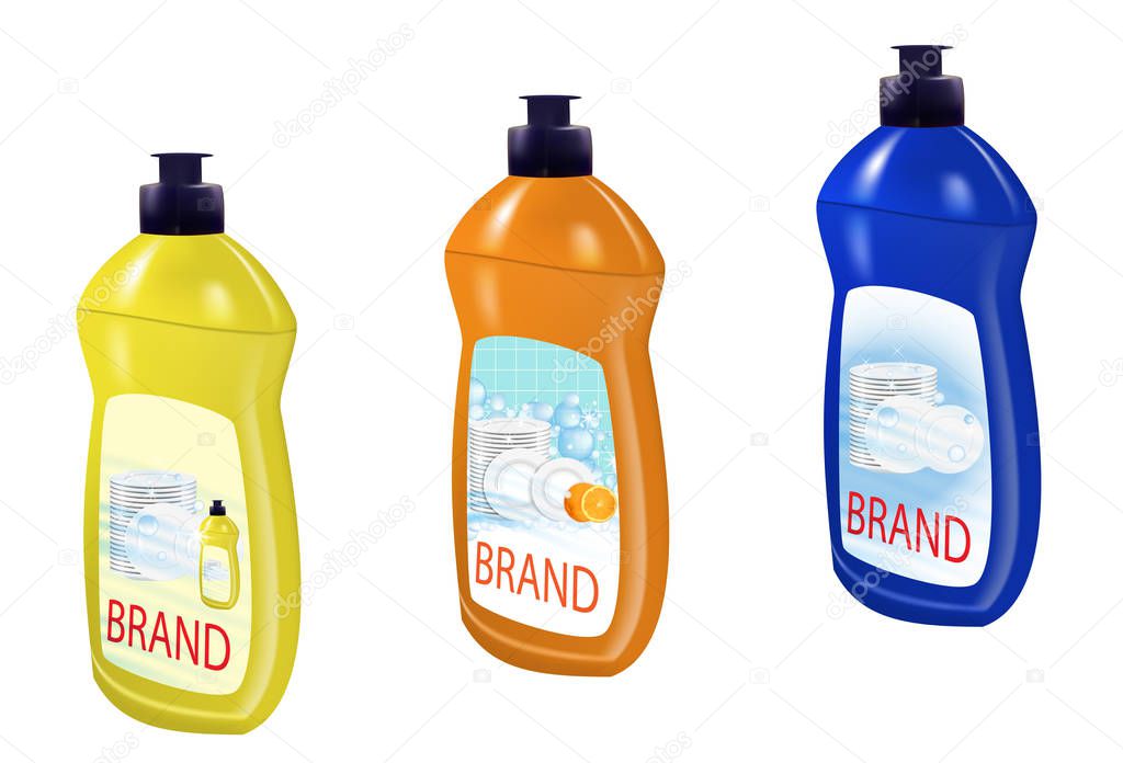 Dishwashing liquid set bottle template design. Dish wash brand bottle advertisement. Vector