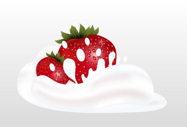 Süt veya yoğurt sıçramasına kırmızı olgun taze çilek. Vektör