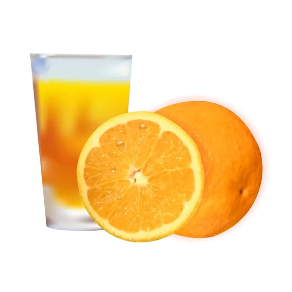 Bicchiere di succo d'arancia fresco e frutta di arance isolato su sfondo bianco. Vettore — Vettoriale Stock