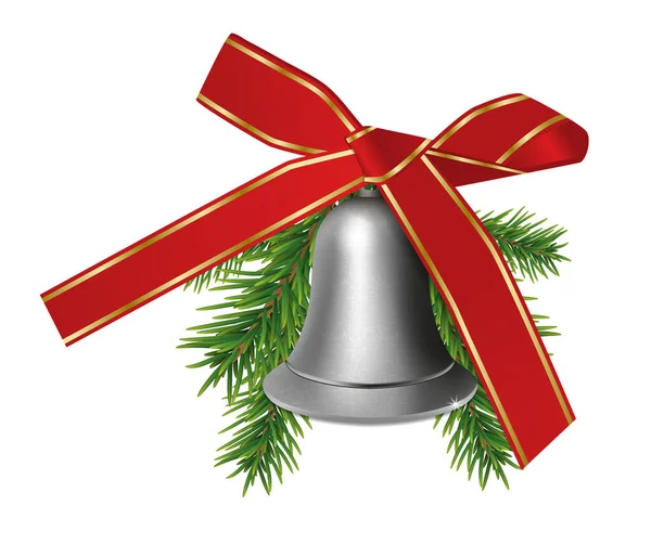 Cloche argentée avec branches de sapin et ruban papillon rouge isolé sur fond blanc. Éléments de Noël ou Nouvel An pour le design. Vecteur — Image vectorielle