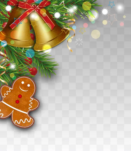 Weihnachtsschmuck mit Tannenzweigen, goldenen Glocken, Stechpalmen, Lebkuchen. Designelement für Weihnachts- oder Neujahrsbanner auf transparentem Hintergrund. Vektor — Stockvektor