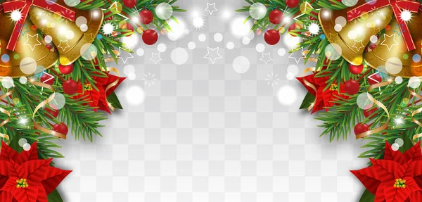 Рождественские и новогодние украшения с еловыми ветвями, золотыми колоколами, рождественскими цветами пуансеттия и ягодами падуба. Элемент дизайна для поздравительной открытки на прозрачном фоне . — стоковый вектор