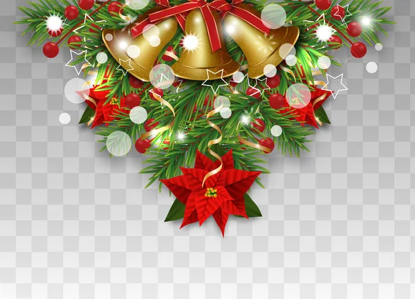 Decoraciones de Navidad con ramas de abeto, campanas de oro, flores de Navidad poinsettia y bayas de acebo. Elemento de diseño para la tarjeta de felicitación de Navidad y Año Nuevo sobre fondo transparente. Vector — Vector de stock