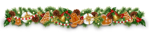 Noel sınır süsleri köknar dalları, zencefilli kurabiyeler, altın çanlar, kutsal böğürtlenler ve konilerle süslenmiş. Beyaz arka planda Xmas ya da Yeni Yıl için tasarım ögesi. Vektör