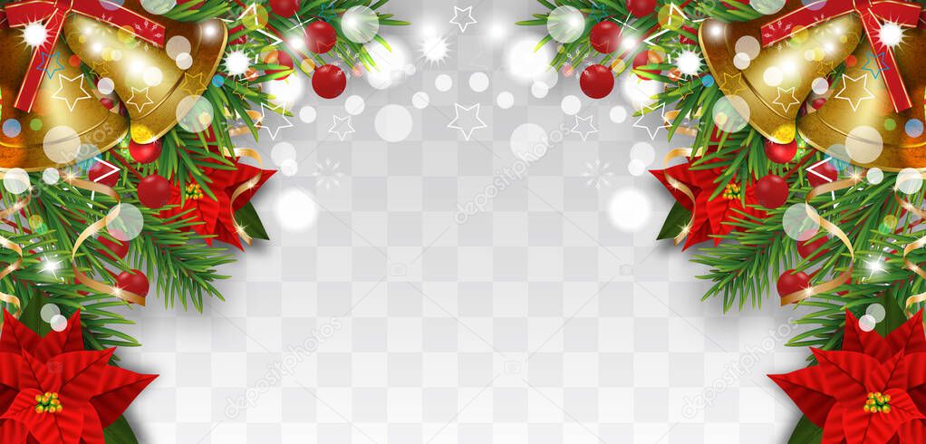Christmas and New Year border decorations with fir branches, golden bells, Christmas flowers poinsettia and holly berries. Design element for Xmas greeting card on transparent background.
