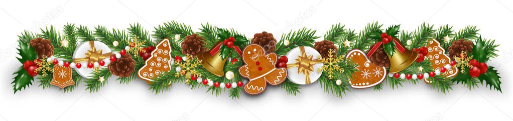 Christmas border decorations garland with fir branches, gingerbread cookies, golden bells, holly berries and cones. Design element for Xmas or New Year on white background. Vector