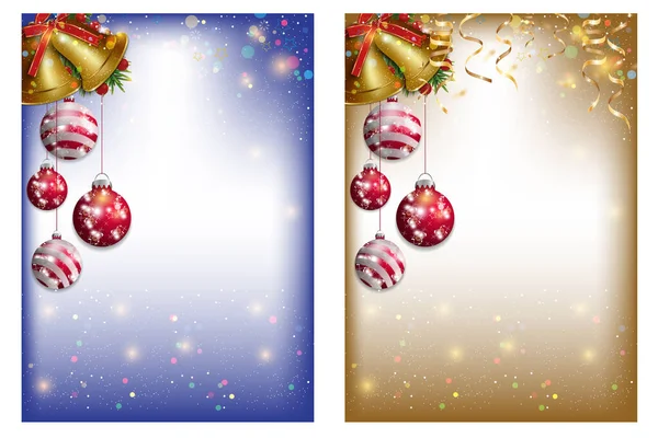 Fondos de Navidad y Año Nuevo. Tarjeta de felicitación navideña decorada con campanas doradas y bolas rojas de Navidad. Vector — Vector de stock