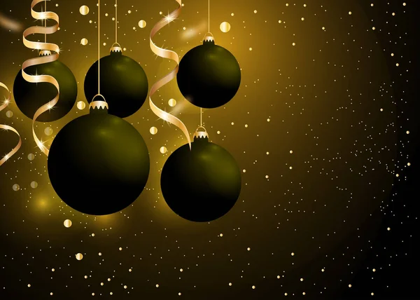 Fondo de Navidad y Año Nuevo con bolas de bolas negras y cintas doradas sobre fondo negro oscuro. Brillante adorno colgante de Navidad. Decoración de vacaciones de invierno. Vector — Vector de stock