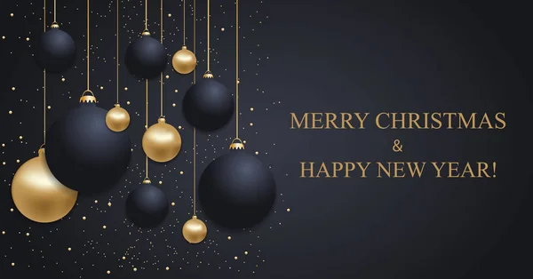 Fondo azul oscuro de Navidad con bolas doradas y azules de Navidad. Feliz Año Nuevo decoración. Elegante banner o póster de Navidad. Vector — Vector de stock