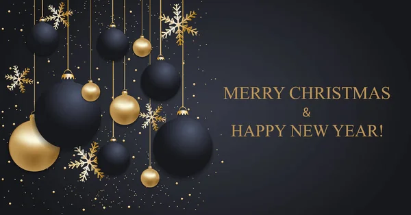 Fondo azul oscuro navideño con bolas de Navidad y copos de nieve dorados. Feliz Año Nuevo decoración. Elegante banner o póster de Navidad. Vector — Vector de stock