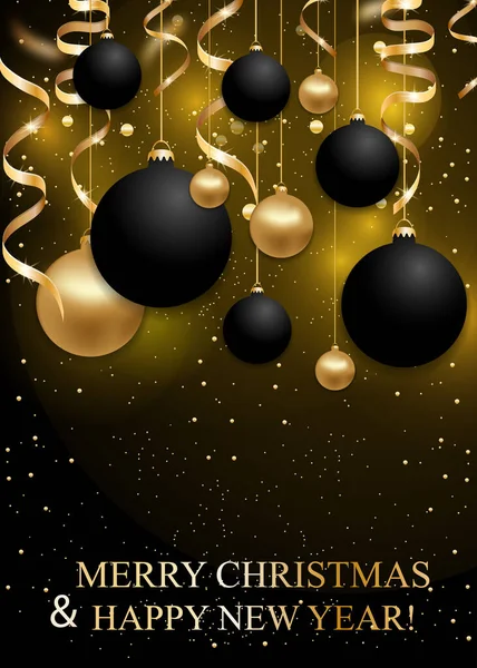 Fondo de Navidad y Año Nuevo con bolas de Navidad negras y doradas, cintas sobre fondo negro. Decoración de Navidad brillante. Cartel de invierno. Copiar espacio. Vector — Vector de stock
