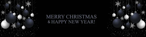 Banner negro navideño con bolas de Navidad y copos de nieve plateados. Feliz Año Nuevo decoración. Fondo de Navidad elegante. Copiar espacio. Vector — Vector de stock