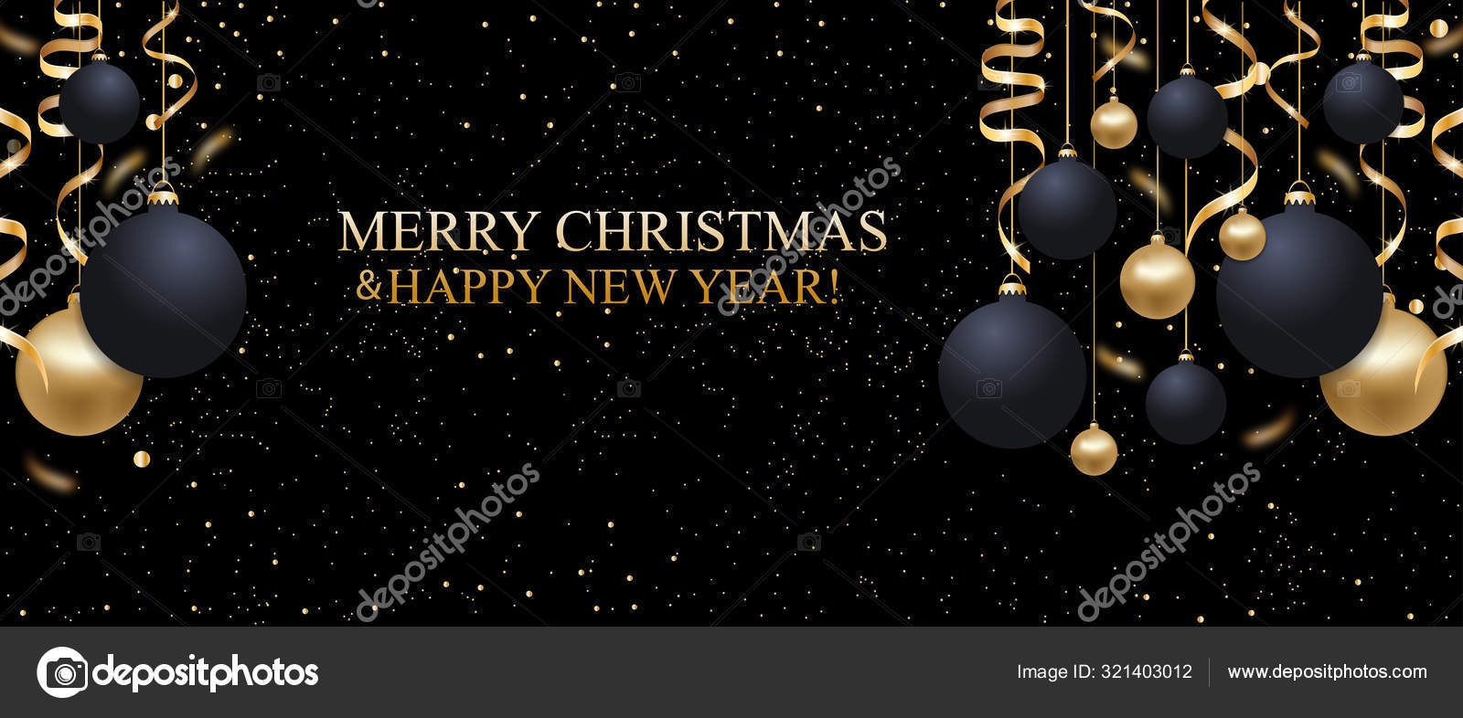 Natal fundo brilhante preto com bolas de Natal e fitas douradas. Elegante  banner de Natal ou cartaz. Feliz Ano Novo decoração. Espaço Copiar. Vetor  imagem vetorial de © NataliaKarebina #321403012