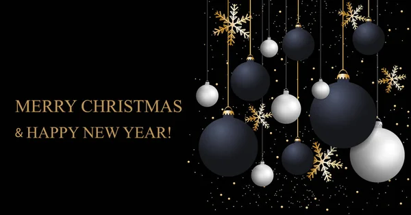 Fondo negro navideño con bolas de Navidad azul oscuro y blanco y copos de nieve dorados. Feliz Año Nuevo decoración. Elegante banner o póster de Navidad. Copiar espacio. Vector — Vector de stock