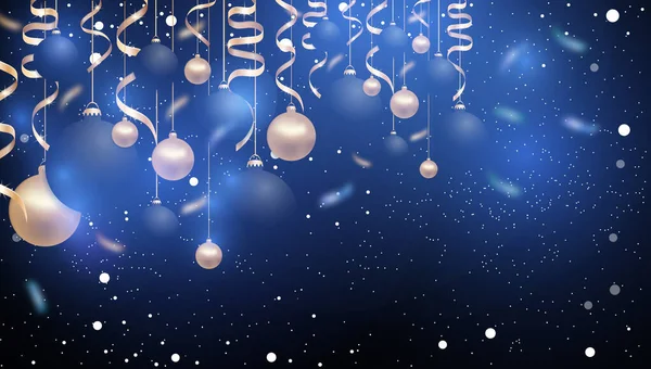 Fondo azul navidad con bolas y cintas navideñas. Decoración de Navidad y Año Nuevo para banner o póster. Vector — Vector de stock