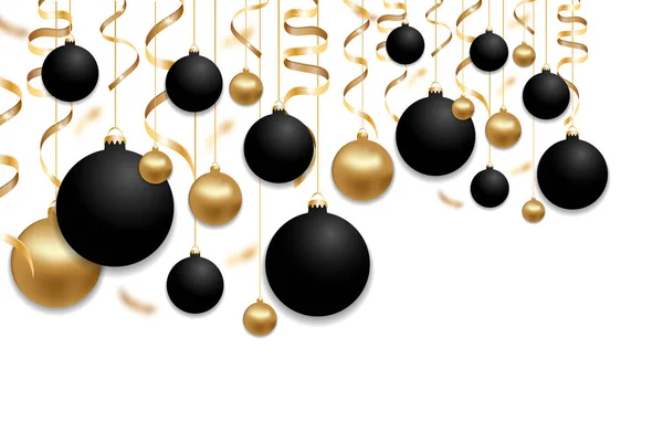 Bolas de Navidad negro y oro y cintas doradas aisladas sobre fondo blanco. Navidad y Año Nuevo adornos de adornos. Vector — Vector de stock