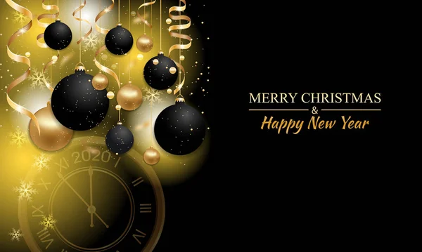 Año Nuevo fondo negro y dorado decorado bolas de Navidad, cintas, copos de nieve y reloj. Brillante adorno de Navidad colgante. Elegante decoración para tarjeta de felicitación, póster o pancarta . — Vector de stock