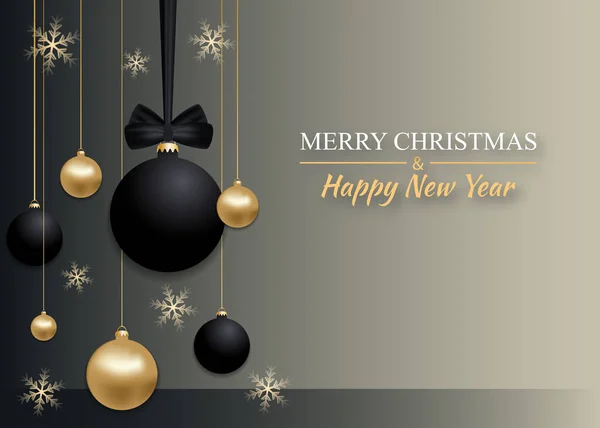 Fondo de Navidad elegante decorado de oro y negro bolas de Navidad con lazo, copos de nieve. Diseño de Año Nuevo y Navidad para tarjeta de felicitación, póster o pancarta. Vector — Vector de stock
