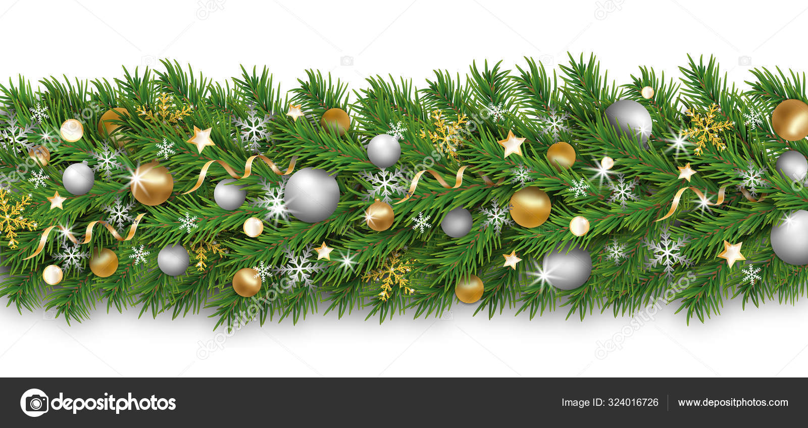 Christmas border decoration and happy New Year garland on white background.  Christmas tree branches decorated golden and silver baubles and balls,  snowflake, ribbons and stars. Xmas background. Stock Vector by  ©NataliaKarebina 324016726, image size:1600x847