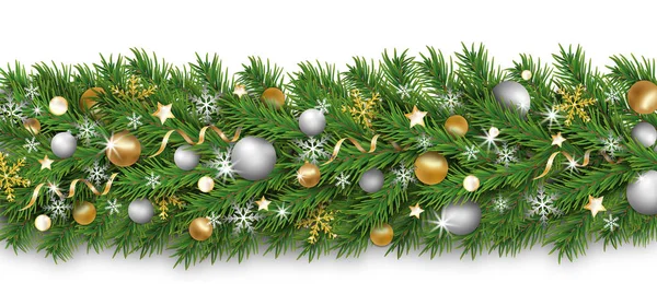 Decoração de fronteira de Natal e grinalda feliz Ano Novo no fundo branco. Ramos de árvores de Natal decorados de ouro e prata bugigangas e bolas, floco de neve, fitas e estrelas. Xmas fundo . —  Vetores de Stock