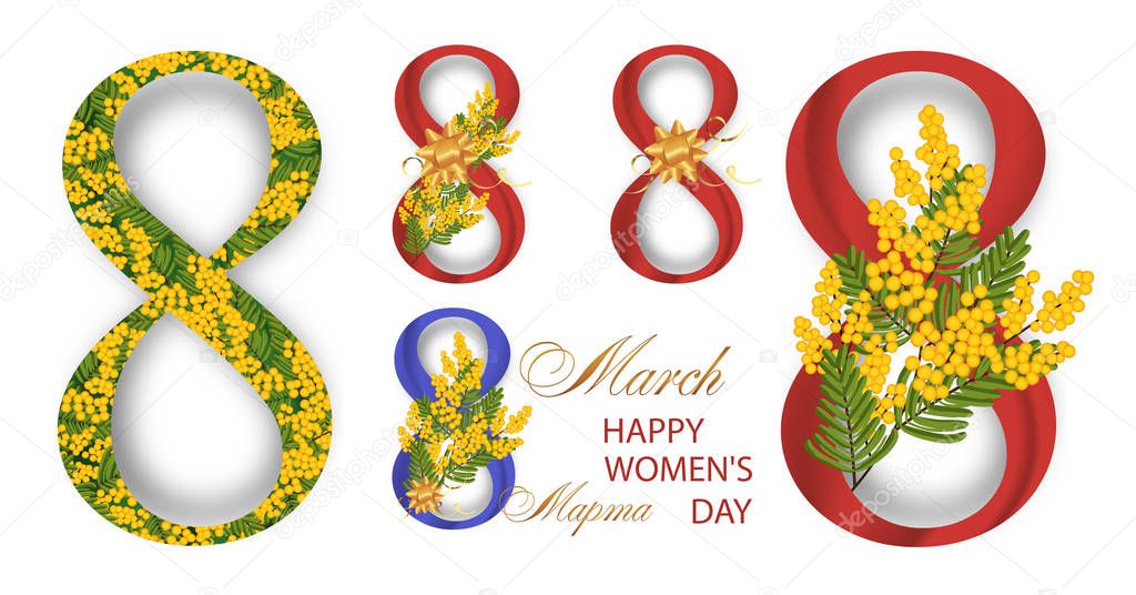 Set number 8 with Mimosa and golden bow for international womens day March 8 isolated on white background. Spring yellow flowers. Vector