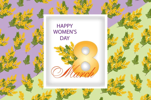 8 Mart Uluslararası Kadınlar Günü için Mimosa ile tasarım. Açık yeşil ve mor arkaplan ve sarı çiçekler. Vektör — Stok Vektör
