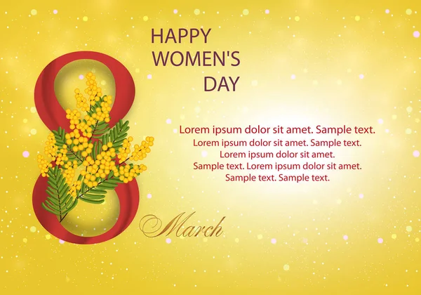 黄色背景，8号和Mimosa 。3月8日是国际妇女日,贺卡上有春天的花朵.B.病媒 — 图库矢量图片