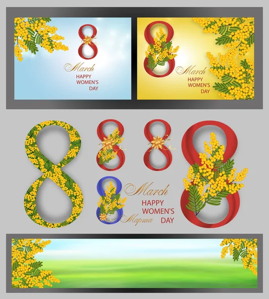 Ställ in nummer 8 med Mimosa och gyllene rosett, bakgrunder, banderoller för internationella kvinnors dag 8 mars. Vårgula blommor. Vektor — Stock vektor
