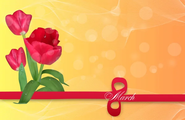 Vacaciones 8 de marzo Día Internacional de la Mujer con Tulipanes. Fondo de plantilla para tarjeta de felicitación de diseño o banner, póster. Primavera. Vector — Vector de stock