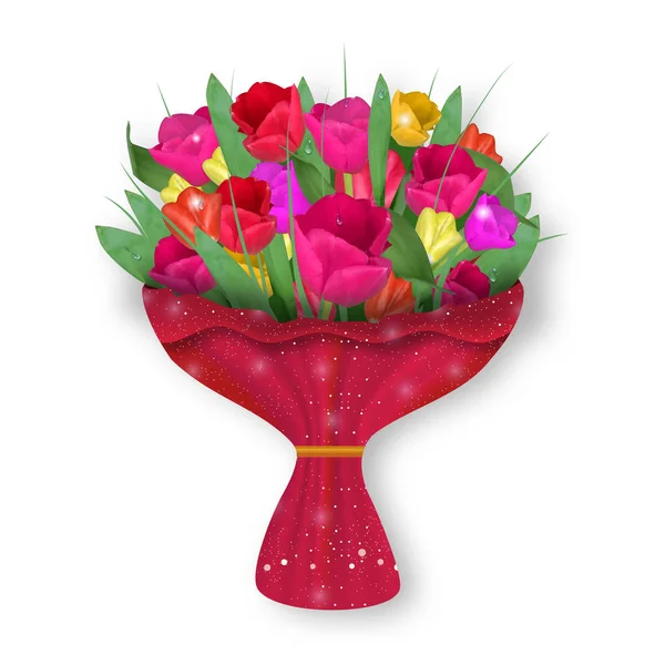 Strauß Tulpe isoliert auf weißem Hintergrund. Bunte Frühlingsblumen. Design für Grußkarte oder Banner, Plakat. Vektor — Stockvektor