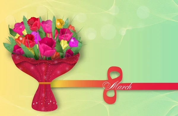 Feiertag 8. März internationaler Frauentag mit Strauß Tulpe auf Hintergrund Bokeh-Effekt. Design Grußkarte oder Banner, Plakat. Frühlingszeit. Vektor — Stockvektor